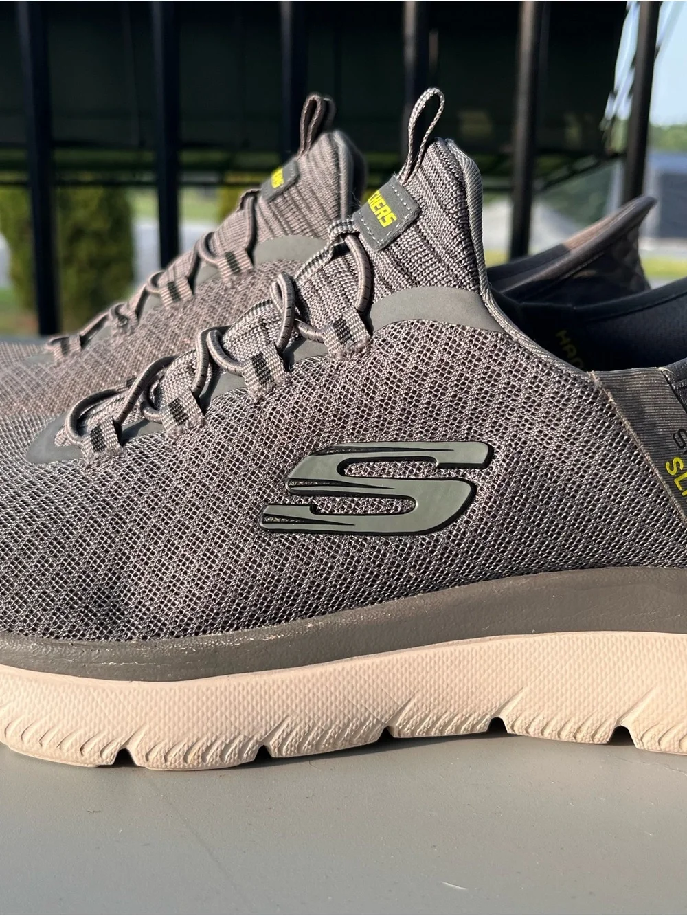 Skechers Men's Grey Knit Slip-On Sneakers with Cream Sole